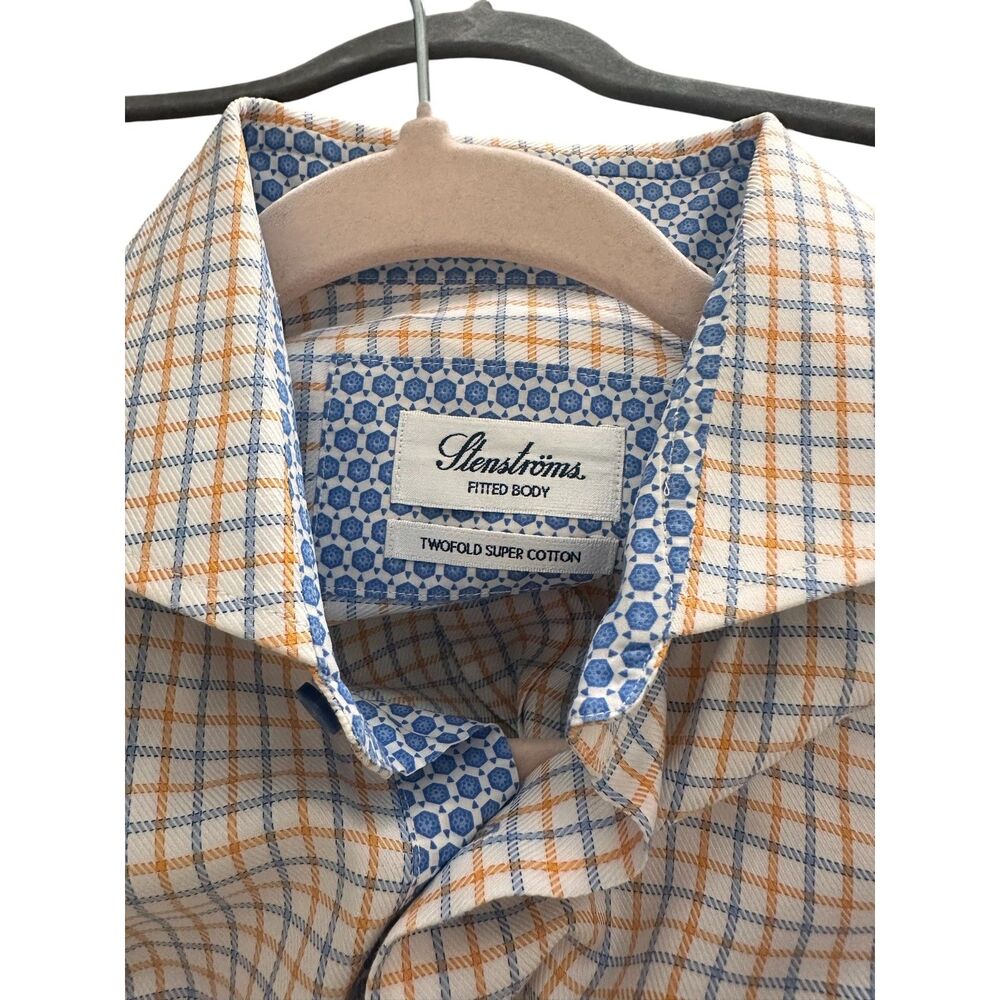STENSTROMS‎ Fitted Checkered Dress Shirt Orange/Blue 39/15.5 - Picture 4 of 4